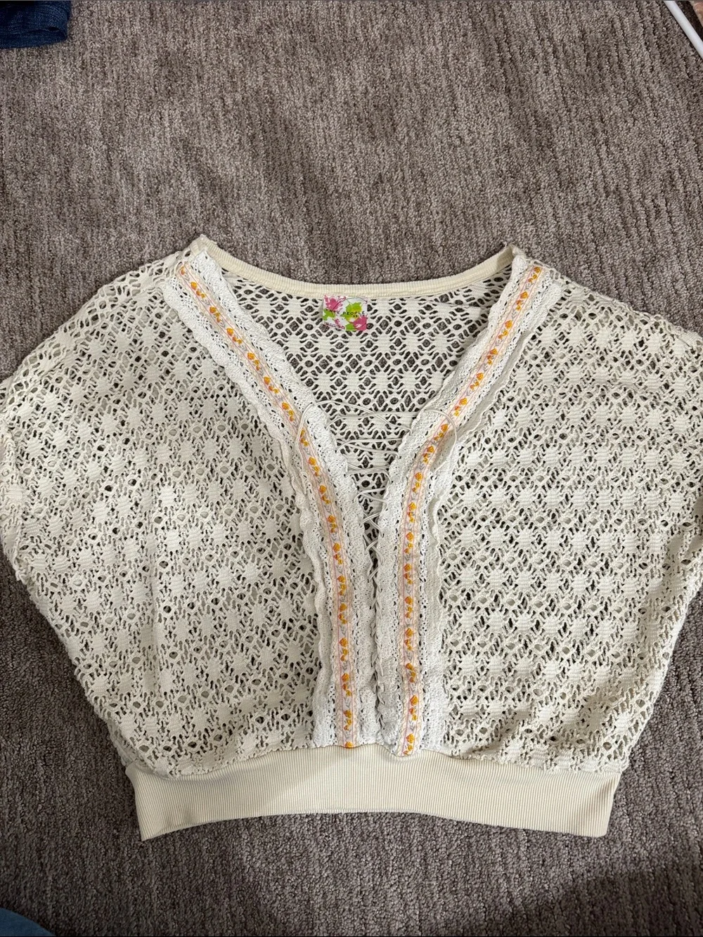 Free People Cream Crochet Lace-Up Tunic with Embroidered Trim